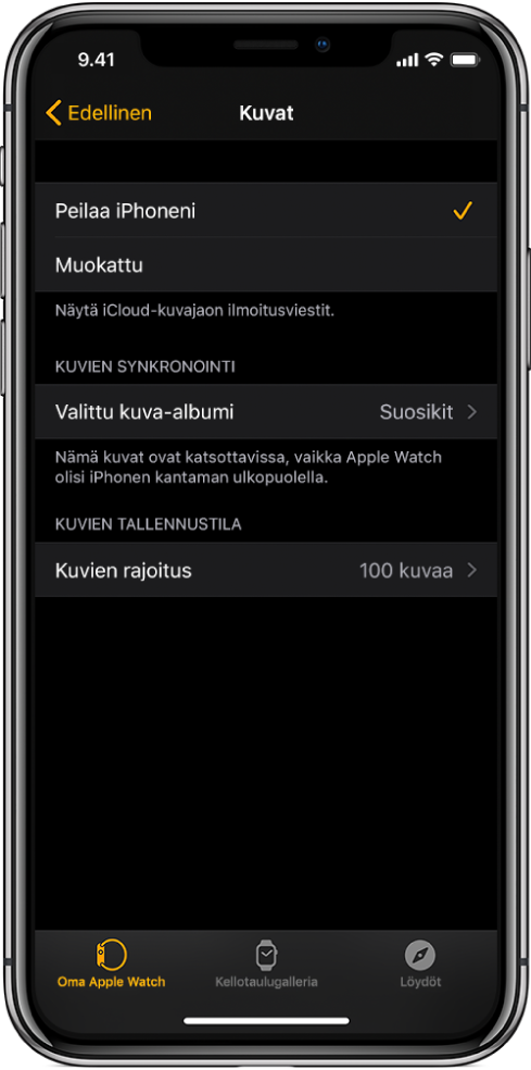 Kuva-asetukset iPhonen Apple Watch ‑apissa, Kuvien synkronointi ‑asetus keskellä ja Kuvien rajoitus ‑asetus sen alapuolella.