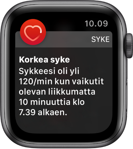 Syke-hälytys, joka ilmoittaa korkean sykkeen.