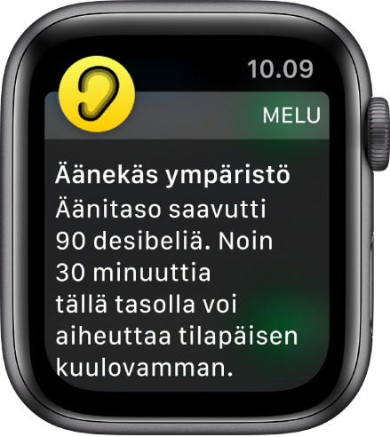 Apple Watch, jossa näkyy Melu-ilmoitus. Ilmoitukseen liittyvän apin kuvake näkyy ylhäällä vasemmalla. Voit avata apin napauttamalla sitä.