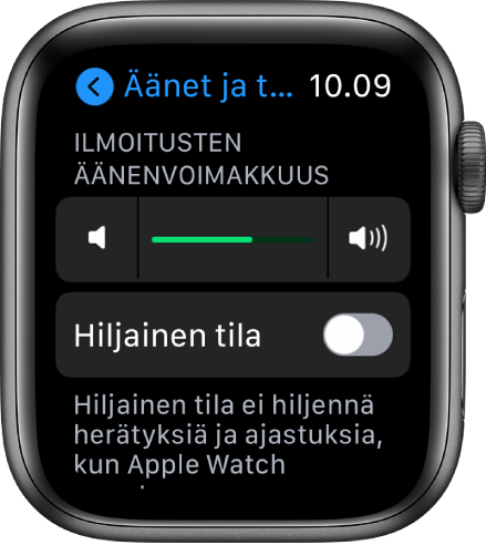 Äänet ja tuntopalaute -asetukset Apple Watchissa: Ilmoitusten äänenvoimakkuus -liukusäädin yllä ja Hiljainen tila -painike sen alla.