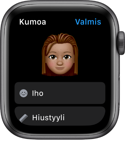Apple Watchin Memoji-appi, jossa näkyy ylhäällä kasvot ja Iho- ja Hiustyyli-valintoja alapuolella.