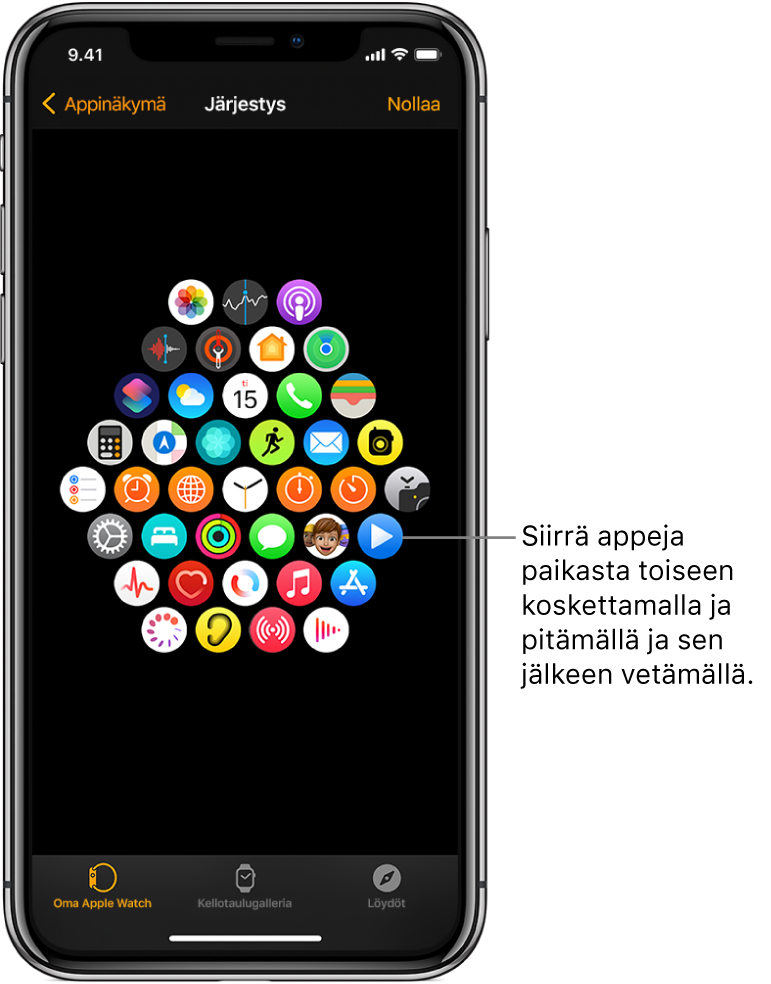 Apple Watch -apissa oleva Järjestys-näyttö, jossa näkyvät kuvakkeet ruudukossa.