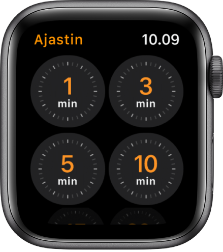 Ajastin-apin näyttö, joka näyttää nopeasti käytettävissä olevia 1, 3, 5 ja 10 minuutin ajastimia.