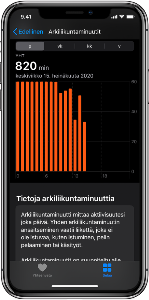 iPhone, jossa näkyy Arkiliikuntaminuutit. Yhteenveto- ja Selaa-välilehdet ovat alhaalla, Selaa-välilehti on valittuna.