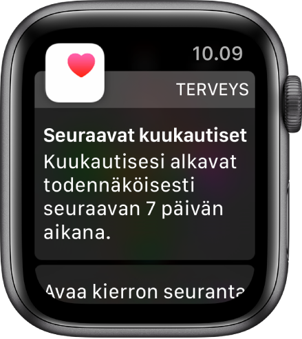 Apple Watch, jossa näkyy kuukautisennusteen näyttö ja jossa lukee ”Tulevat kuukautiset. Kuukautisesi alkavat todennäköisesti seuraavan 7 päivän kuluessa.” Avaa Kierron seuranta -painike näkyy alhaalla.