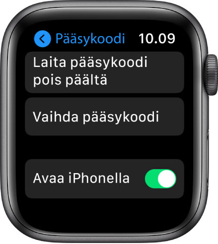 Pääsykoodiasetukset Apple Watchissa: ylhäällä Laita pääsykoodi pois päältä, sen alapuolella Vaihda pääsykoodi ja Avaa iPhonella -painike.