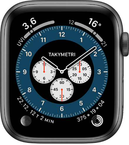 Kronografi Pro -kellotaulu, jossa näkyy Takymetri-vaihtoehto.