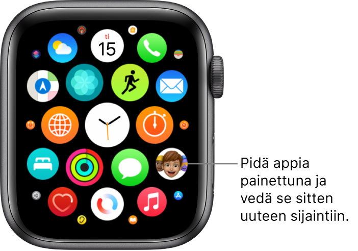 Apple Watchin Koti-valikko ruudukkonäkymässä.