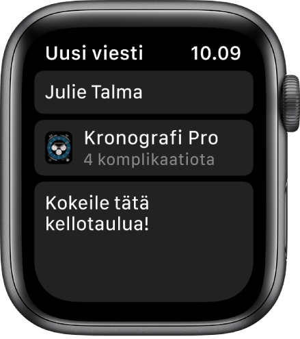 Apple Watch -näyttö, jossa näkyy kellotaulun jakamisviesti, ylhäällä vastaanottajan nimi, alhaalla kellotaulun nimi, ja sen alapuolella viesti: “Check out this watch face.”