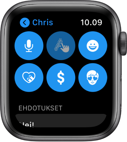 Viestit-näyttö, jossa näkyy Apple Pay -painike sekä Sanele-, Kirjoita-, Emoji-, Digital Touch- ja Memoji-painikkeet.