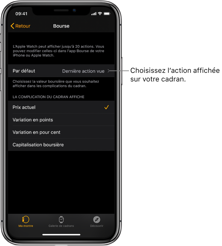 L’écran des réglages de Bourse dans l’app Watch de l’iPhone qui affiche l’option « Action par défaut » réglée sur « Dernière action vue ».