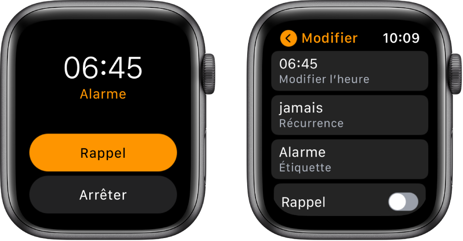 Deux écrans d’Apple Watch : l’un affiche un cadran de montre avec les boutons Rappel et Arrêter, l’autre affiche les réglages de l’alarme, avec les boutons Modifier l’heure, Récurrence et Alarme en dessous. Un bouton Rappel se trouve dans le bas. Le bouton Rappel est désactivé.