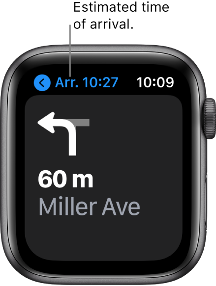 L’app Plans qui affiche l’heure d’arrivée prévue approximative en haut à gauche, le nom de la rue de votre prochain virage et la distance jusqu’à ce virage.