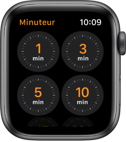 L’écran de l’app Minuteur qui affiche les durées prédéfinies : 1, 3, 5 et 10 minutes.