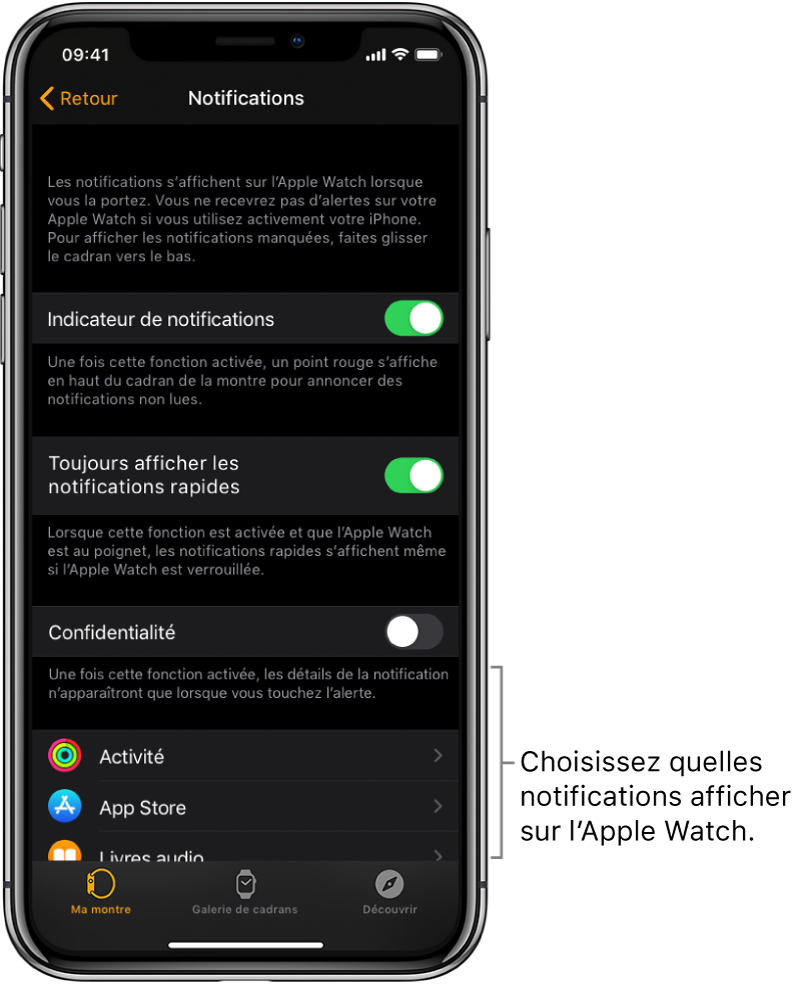 L’écran Notifications dans l’app Watch sur l’iPhone qui affiche les sources de notifications.