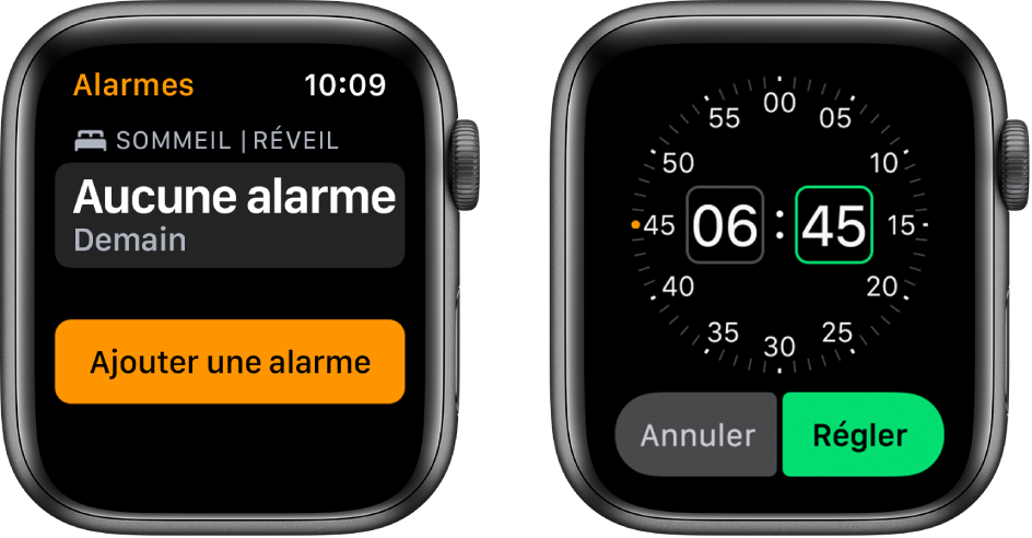 Deux écrans d’Apple Watch qui montrent comment ajouter une alarme : Touchez Ajouter une alarme, touchez AM ou PM le cas échéant, tournez la couronne Digital Crown pour régler l’heure, puis touchez Régler.