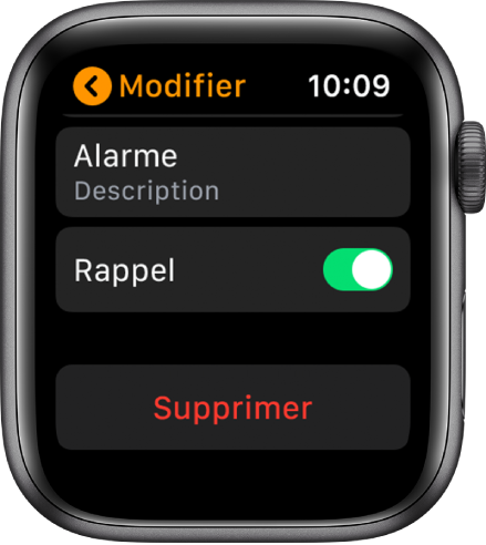 Un écran de modification de l’alarme avec le bouton Supprimer en bas.