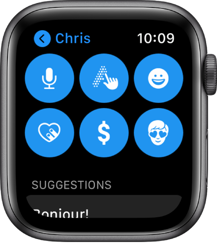 Un écran Messages qui affiche les boutons Apple Pay, Dictée, Griffonner, Émojis, Contact numérique et Memoji.