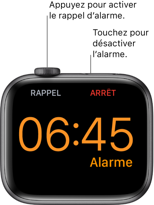 Apple Watch placée sur le côté dont l’écran affiche une alarme qui sonne. Le mot « Rappel » s’affiche sous la couronne Digital Crown. Le mot « Arrêter » s’affiche sous le bouton latéral.