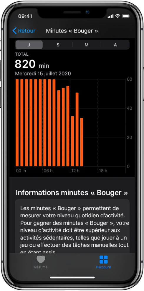 L’iPhone qui affiche un rapport de minutes « Bouger ». Les onglets Résumé et Parcourir se trouvent dans le bas et l’onglet Parcourir est sélectionné.