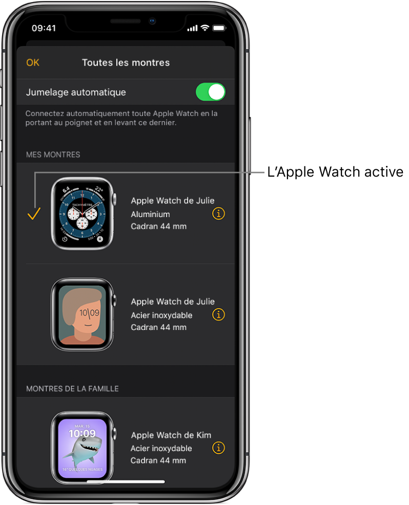 Sur l’écran Toutes les montres de l’app Watch, une coche montre l’Apple Watch active.