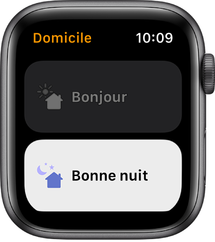 L’app Domicile sur l’Apple Watch qui affiche deux scènes : Bonjour et Bonne nuit. « Bonne nuit » est en évidence.