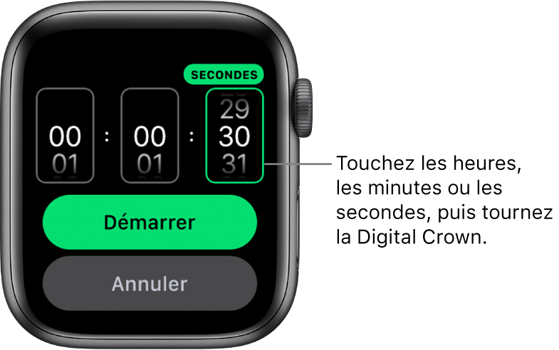 Réglages d’un minuteur personnalisé, avec les heures à gauche, les minutes au milieu et les secondes à droite. Les boutons Démarrer et Annuler se trouvent en dessous.