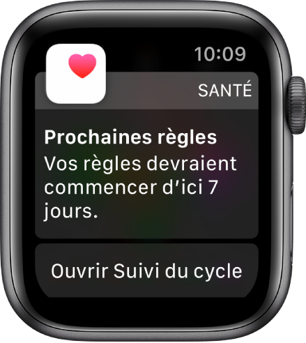 L’Apple Watch qui affiche un écran de prédiction du cycle indiquant « Prochaines règles. Vos règles devraient commencer d’ici 7 jours. » Un bouton « Ouvrir Suivi du cycle » en bas.