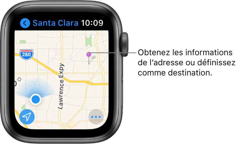 L’app Plans affiche un repère violet sur le plan qui permet d’obtenir l’adresse approximative d’un point sur la carte ou d’indiquer la destination d’un itinéraire.