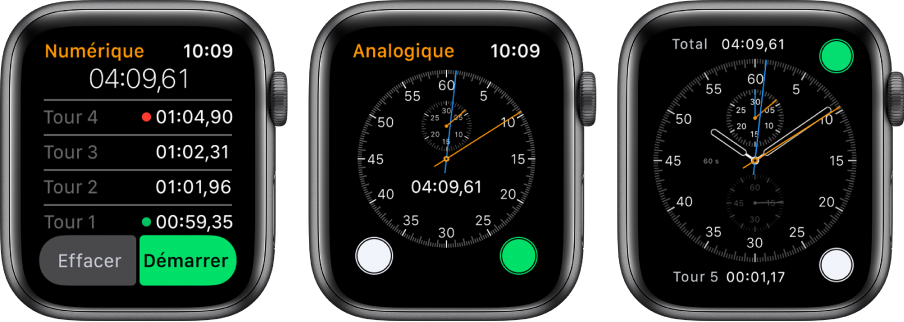 Trois cadrans qui affichent trois types de chronomètre : un chronomètre numérique dans l’app Chronomètre, un chronomètre analogique dans cette même app et les commandes de chronomètre disponibles sur le cadran Chronographe.