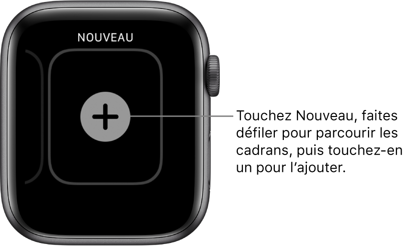 Nouveau modèle de cadran, avec un bouton + en son centre. Touchez pour ajouter un nouveau cadran de montre.