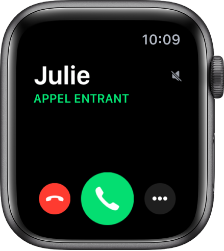 L’écran de l’Apple Watch lorsque vous recevez un appel : le nom de l’appelant, les mots « Appel entrant », le bouton rouge Refuser, le bouton vert Répondre et le bouton Plus d’options.