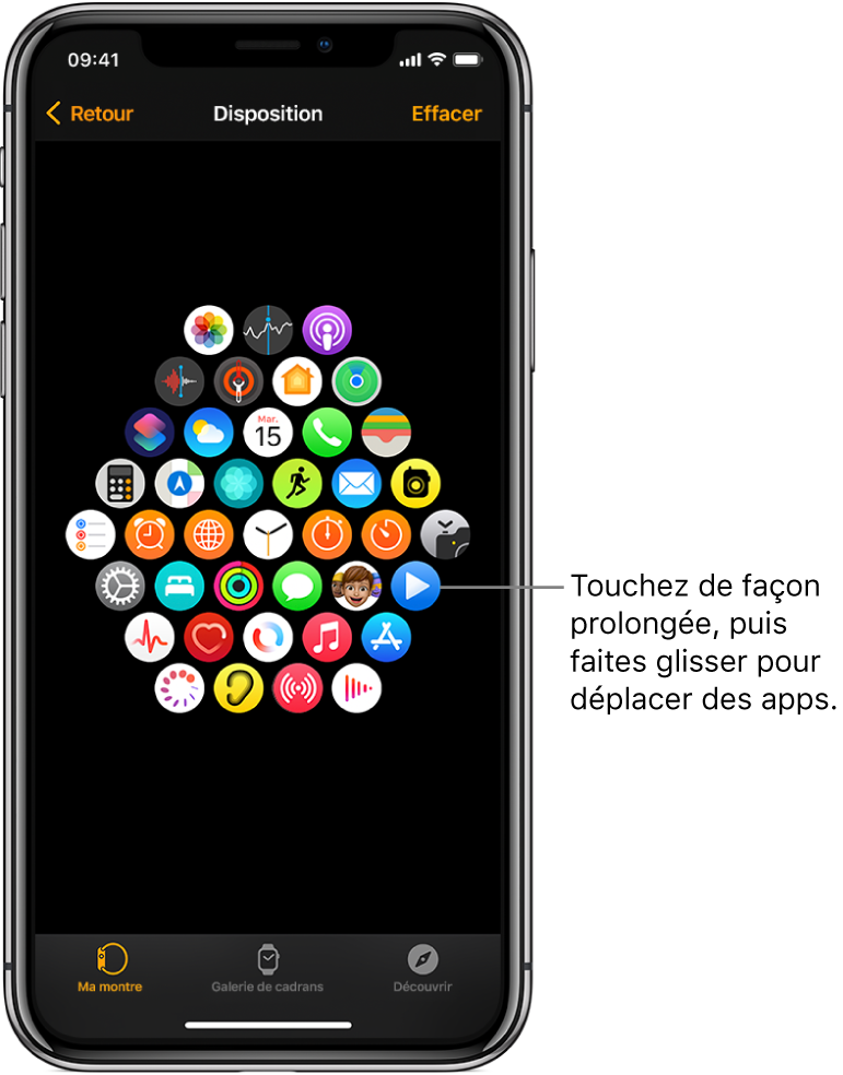 L’écran Disposition de l’Apple Watch qui montre une grille d’icônes.
