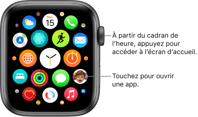 L’écran d’accueil de l’Apple Watch en présentation en grille, avec des apps en forme de grappe. Touchez une app pour l’ouvrir. Balayez l’écran pour afficher davantage d’apps.