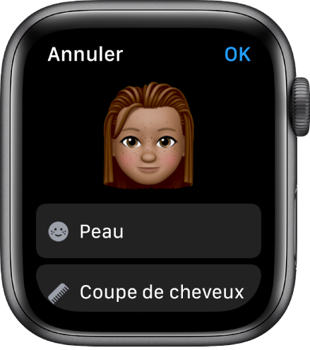 L’app Memoji sur l’Apple Watch qui affiche un visage près du haut et les options Peau et Coupe de cheveux en dessous.