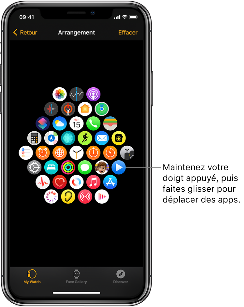 L’écran Disposition de l’app Apple Watch présentant une grille d’icônes.