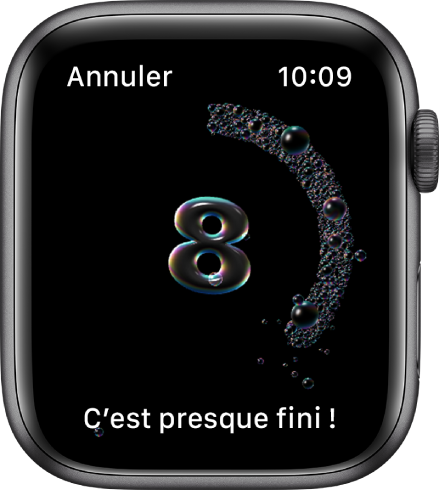 Le compteur de lavage des mains, comptant à rebours depuis 8. Les mots « Presque terminé ! » sont en bas de l’écran.