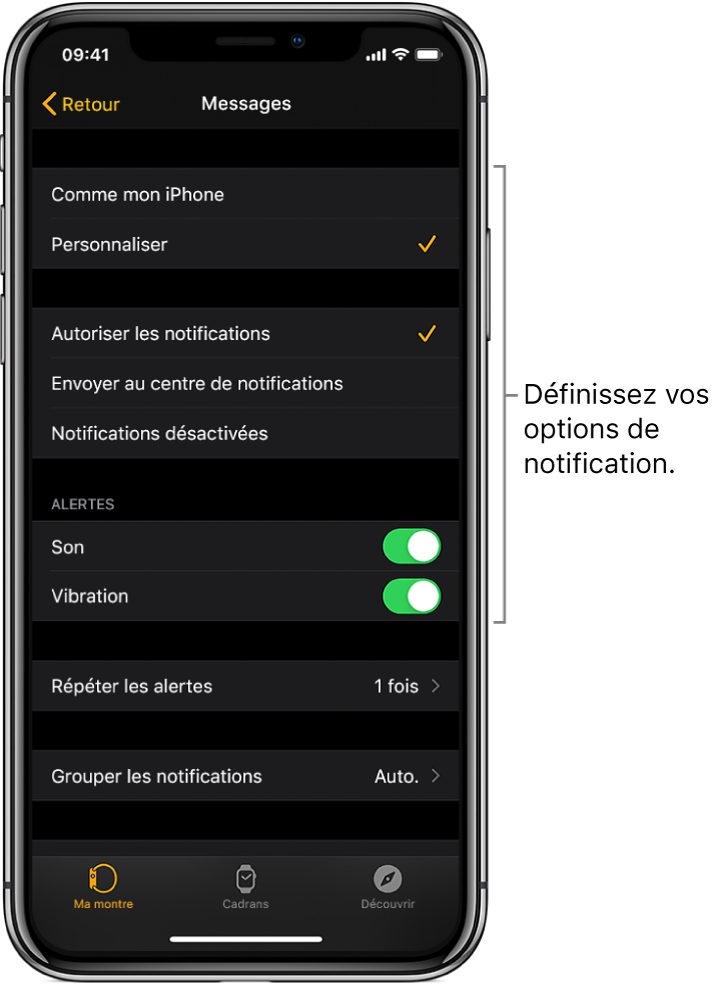 Réglages Messages dans l’app Apple Watch sur l’iPhone. Vous pouvez choisir d’afficher ou non les alertes, activer le son et les vibrations, et répéter les alertes.
