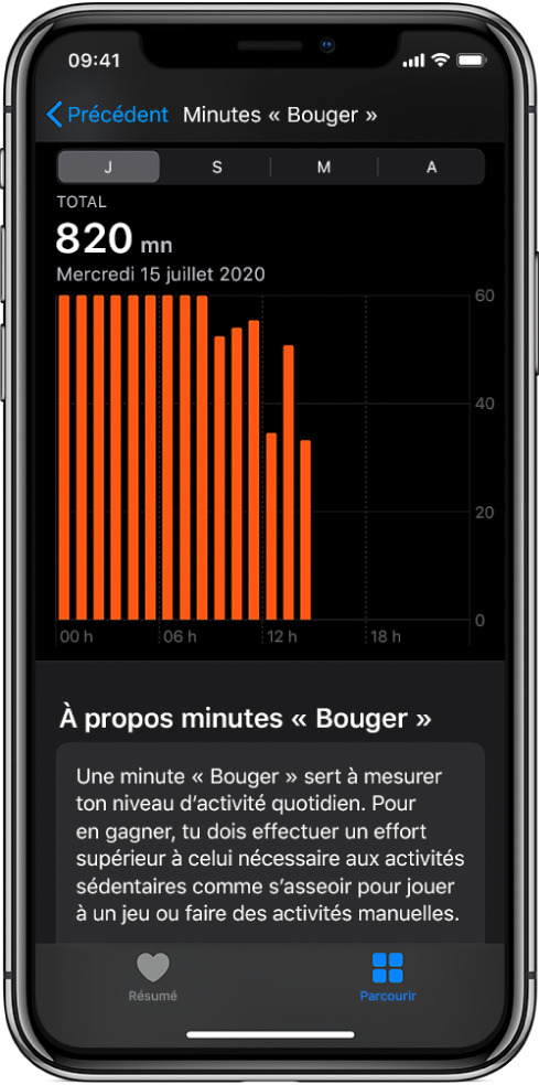 iPhone montrant un rapport Minutes « Bouger ». Les onglets Résumé et Parcourir se trouvent en bas, et l’onglet Parcourir est sélectionné.