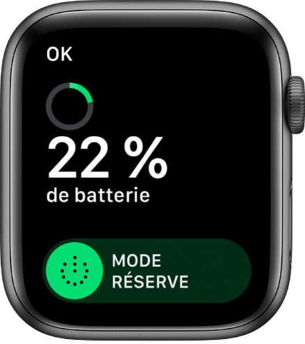 L’écran du mode Réserve affichant le bouton OK dans le coin supérieur gauche, le pourcentage de batterie restant et le curseur du mode Réserve.