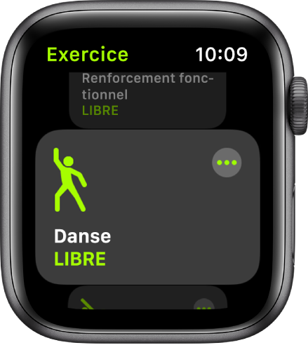 L’écran Exercice avec l’option « Danse » mise en évidence.
