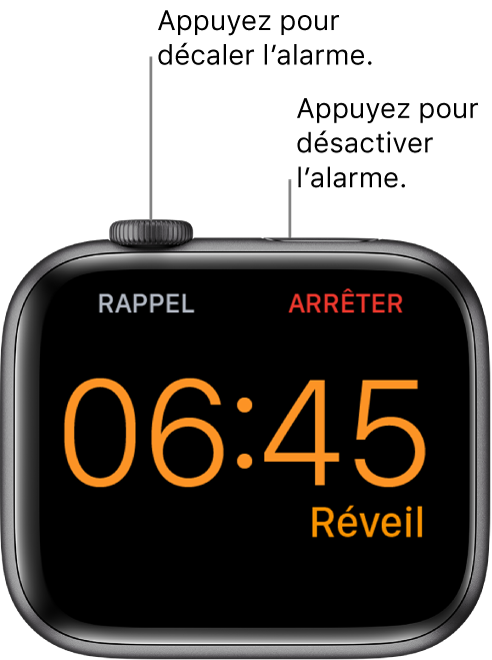 Apple Watch placée sur sa tranche, l’écran affichant un réveil arrêté. Le mot « Rappel » est affiché sous la Digital Crown. Le mot « Arrêter » est situé sous le bouton latéral.