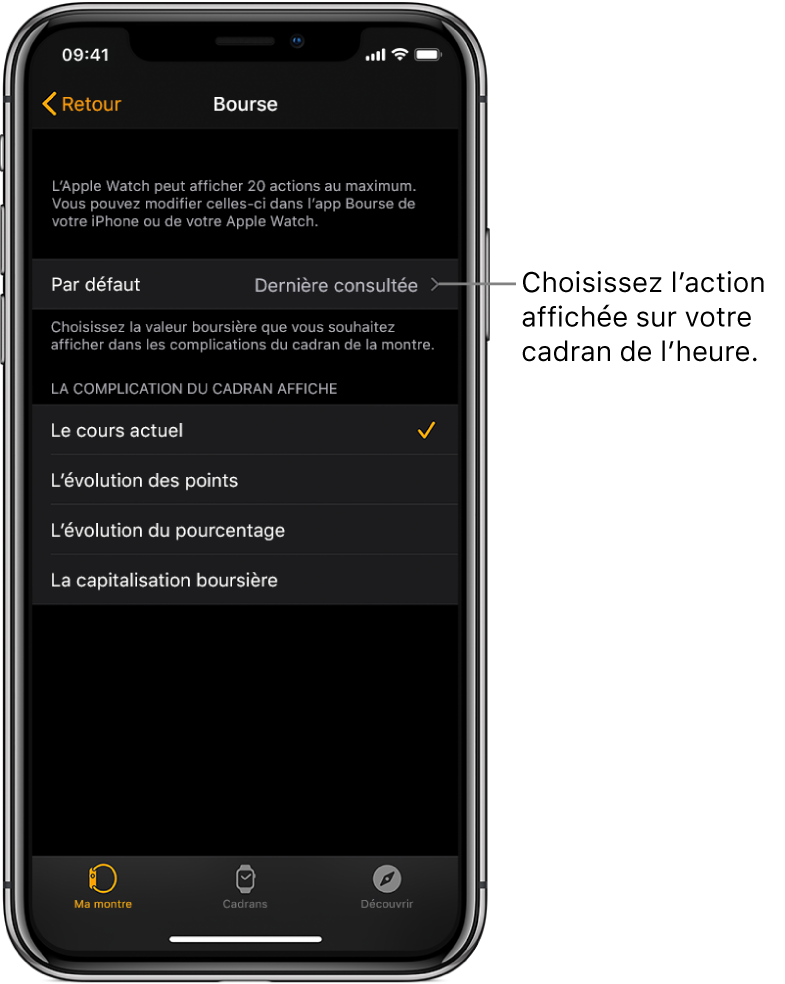 Écran de réglage Bourse de l’app Apple Watch sur un iPhone proposant de choisir l’action par défaut, définie sur la dernière action consultée.