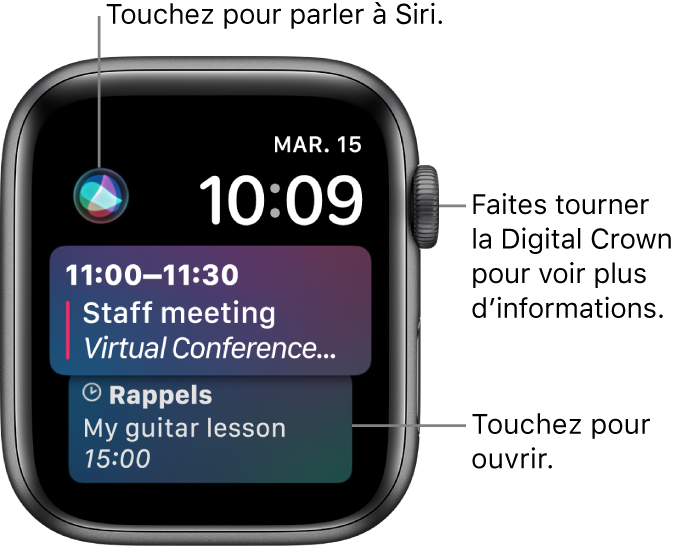 Cadran Siri affichant un rappel et un événement du calendrier. Un bouton Siri est affiché en haut à gauche de l’écran. La date et l’heure sont affichées en haut à droite.