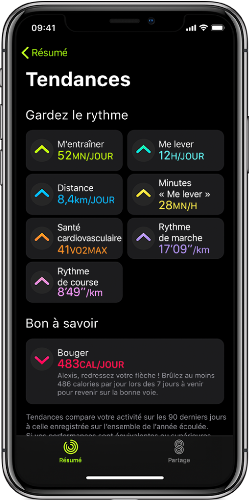 L’onglet Tendances de l’app Activité sur l’iPhone. Plusieurs indicateurs s’affichent sous l’en-tête Tendances vers le haut de l’écran. Ces indicateurs incluent « M’entraîner », « Me lever », Distance et plus encore. L’indicateur Bouger s’affiche sous l’en-tête Attention.