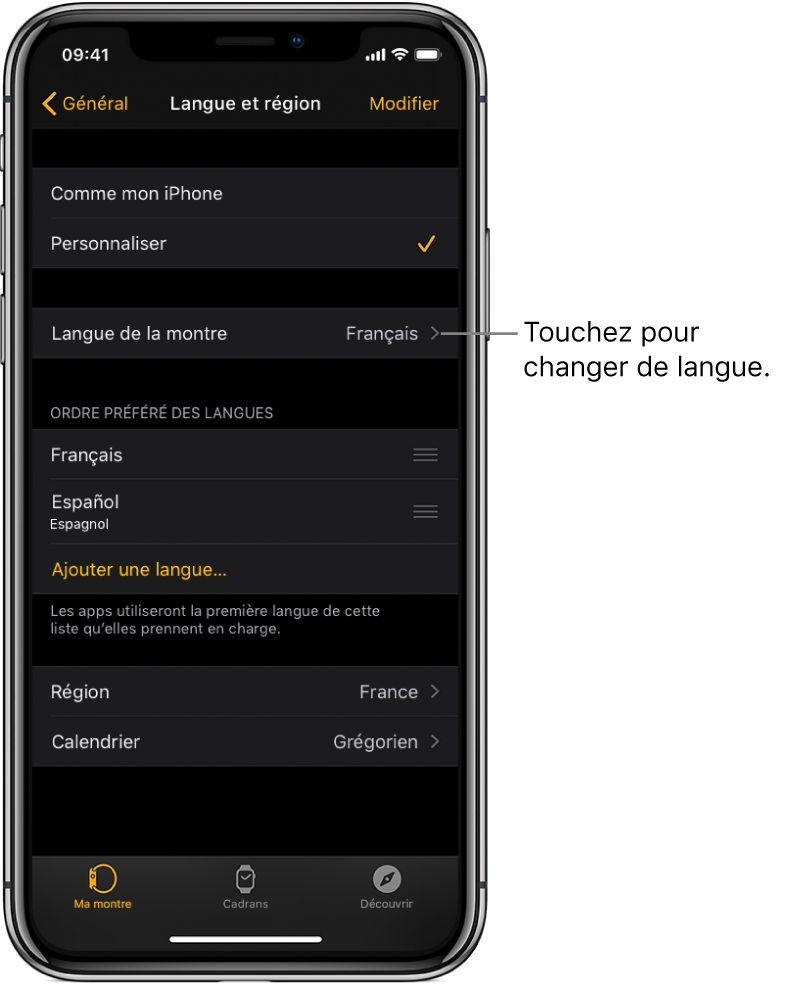 L’écran Langue et région de l’app Apple Watch, affichant le réglage Langue de la montre vers le haut de l’écran.