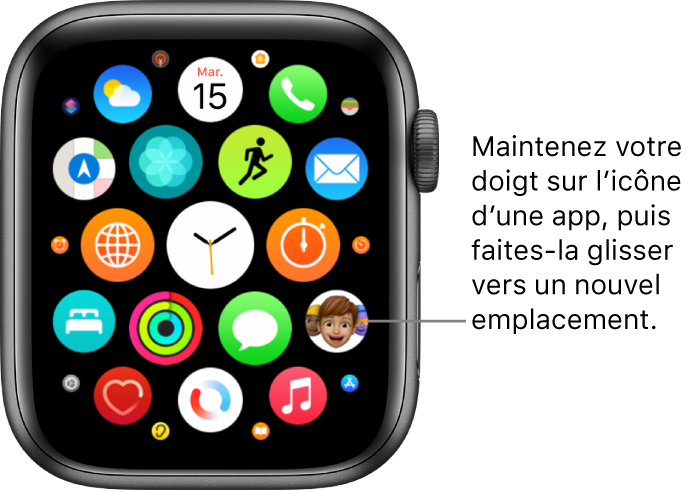 Écran d’accueil en présentation en grille sur l’Apple Watch.