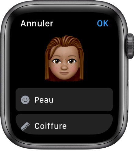L’app Memoji sur l’Apple Watch affichant un visage vers le haut et des options pour la peau et la coupe de cheveux en dessous.