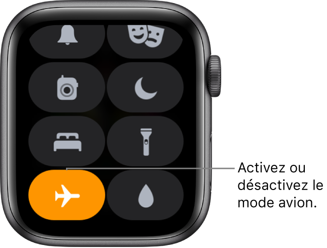 Le Centre de contrôle avec le bouton du mode Avion en surbrillance pour indiquer que le mode est activé.