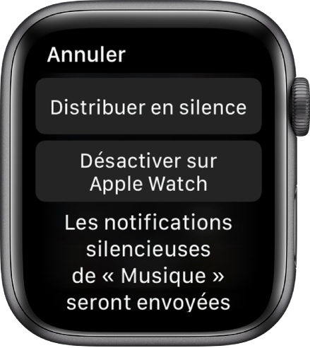 Réglages de notification sur l’Apple Watch. Le bouton supérieur affiche « Distribuer en silence » et celui en dessous : « Désactiver sur l’Apple Watch. »